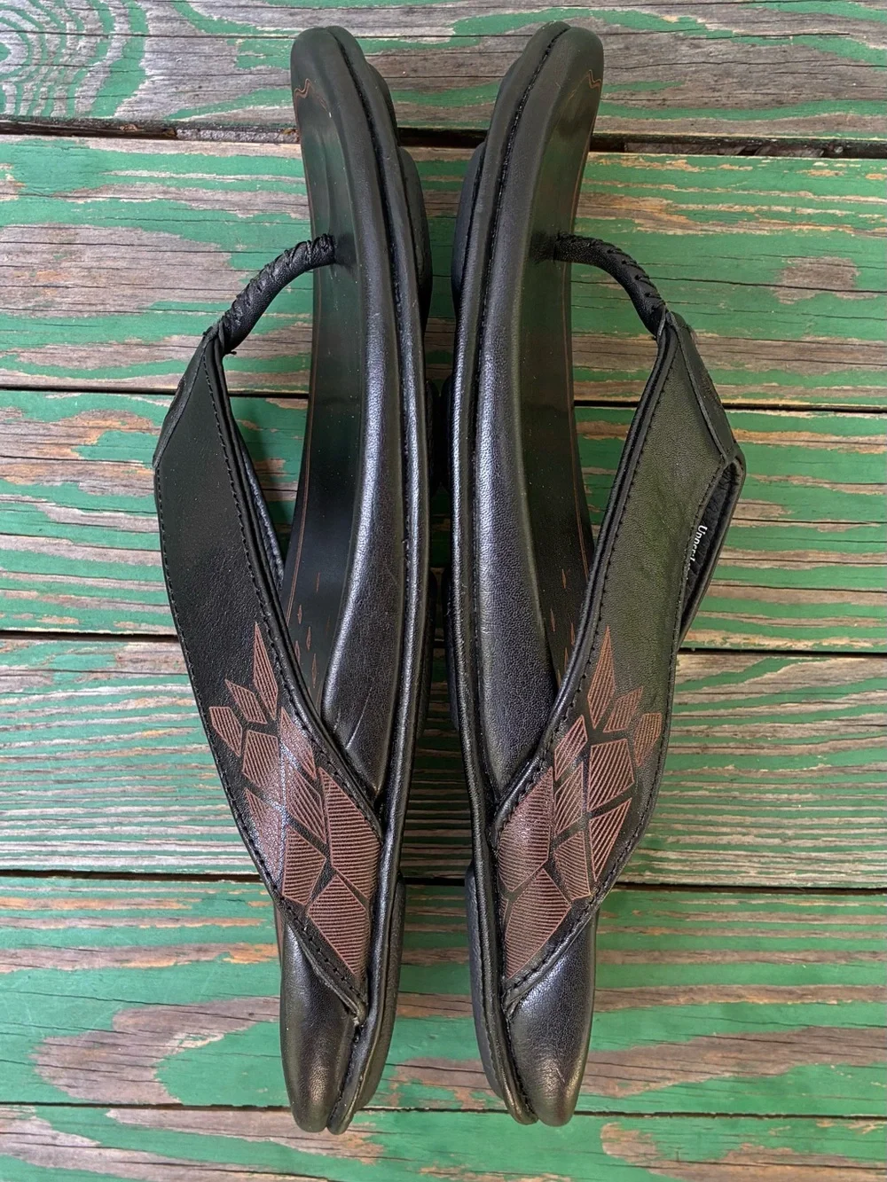 OluKai Kulia Leather Flip Flop Sandals Black Comfort Thong Sandals Mens Sz 9